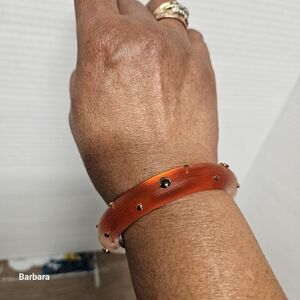 Alexis Bittar Frosted Orange/Red Studded Hinged Lucite Bangle Bracelet
